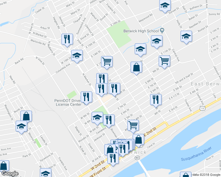 map of restaurants, bars, coffee shops, grocery stores, and more near 1000 Pine Street in Berwick