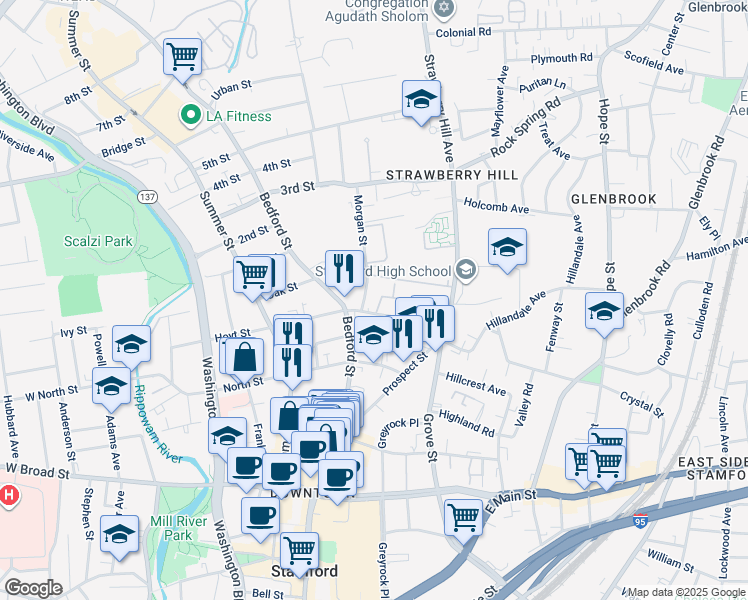 map of restaurants, bars, coffee shops, grocery stores, and more near 98 Hoyt Street in Stamford