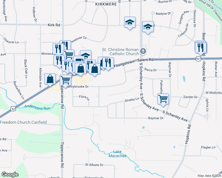 map of restaurants, bars, coffee shops, grocery stores, and more near 3165 Sunnybrooke Drive in Youngstown