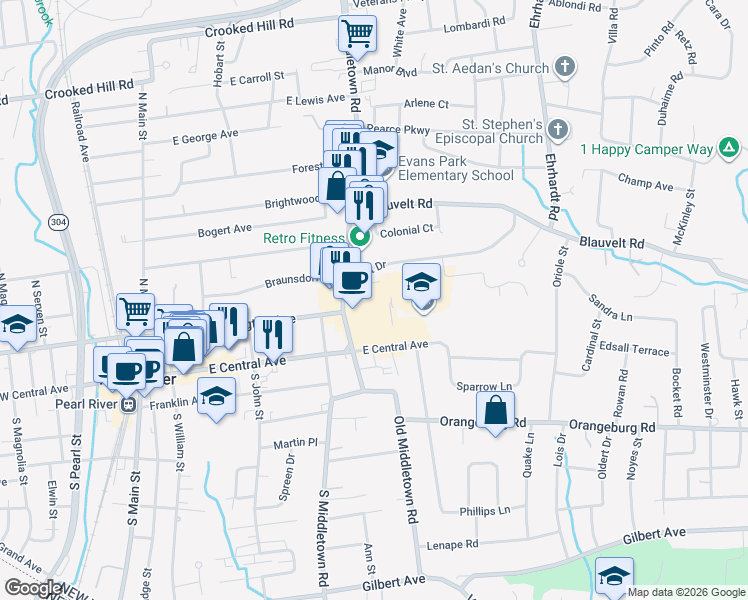 map of restaurants, bars, coffee shops, grocery stores, and more near 46 North Middletown Road in Pearl River