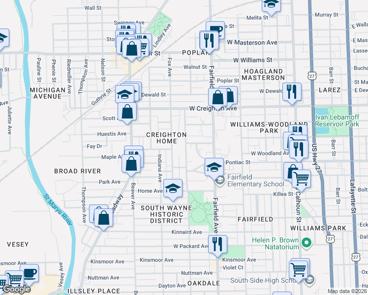 map of restaurants, bars, coffee shops, grocery stores, and more near 2535 South Wayne Avenue in Fort Wayne