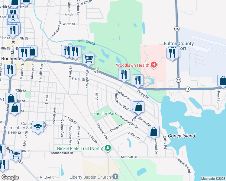 map of restaurants, bars, coffee shops, grocery stores, and more near 1101-1191 Washington Street in Rochester