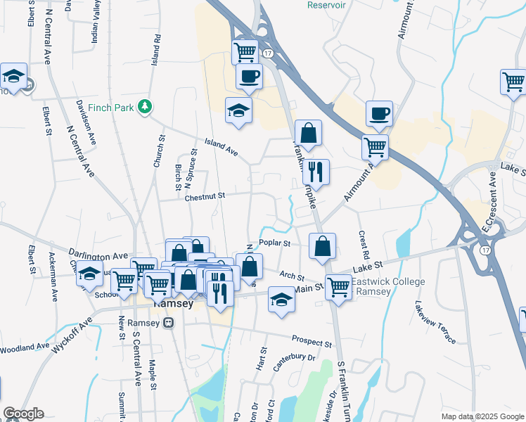 map of restaurants, bars, coffee shops, grocery stores, and more near 512 Washington Drive in Ramsey