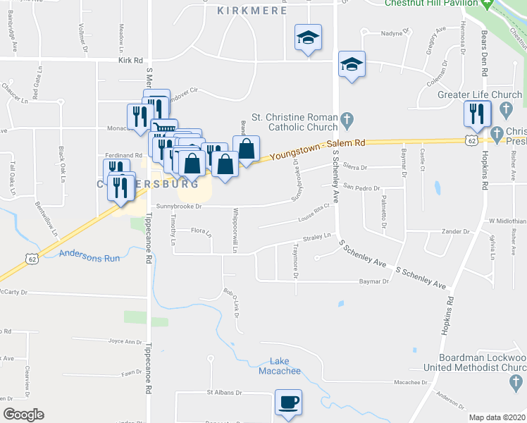 map of restaurants, bars, coffee shops, grocery stores, and more near 3165 Sunnybrooke Drive in Youngstown