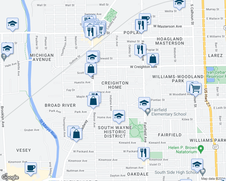map of restaurants, bars, coffee shops, grocery stores, and more near 818 Grace Avenue in Fort Wayne