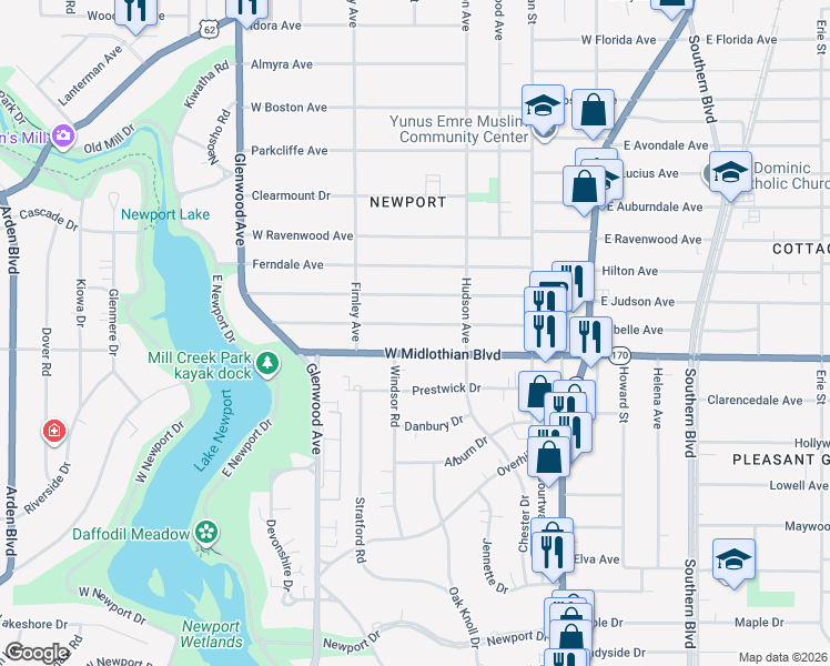 map of restaurants, bars, coffee shops, grocery stores, and more near 444 West Midlothian Boulevard in Youngstown