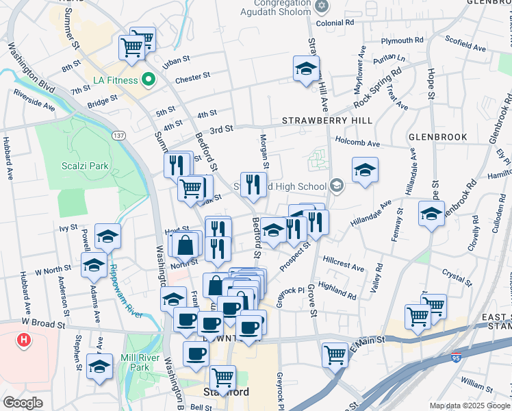 map of restaurants, bars, coffee shops, grocery stores, and more near 725 Bedford Street in Stamford