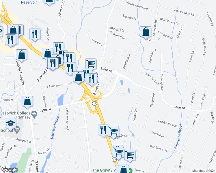 map of restaurants, bars, coffee shops, grocery stores, and more near Pinnacle Property in Upper Saddle River