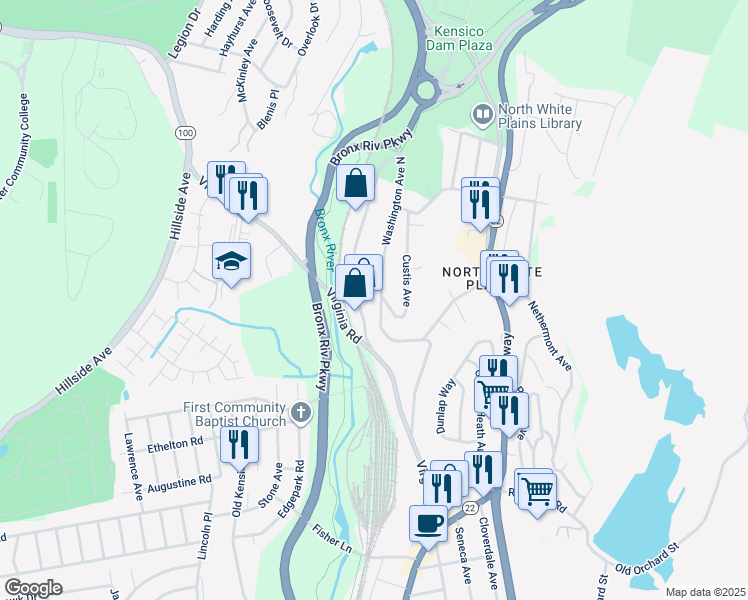 map of restaurants, bars, coffee shops, grocery stores, and more near 79 Washington Avenue North in White Plains