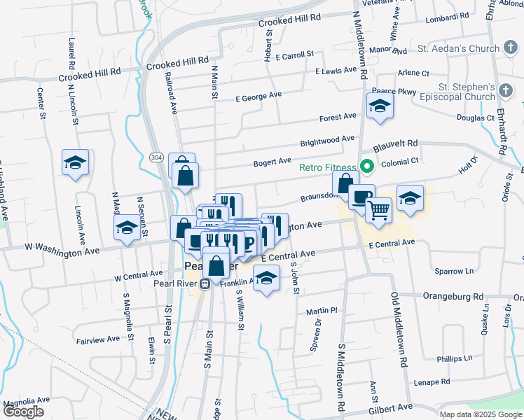map of restaurants, bars, coffee shops, grocery stores, and more near 45 Roosevelt Street in Pearl River