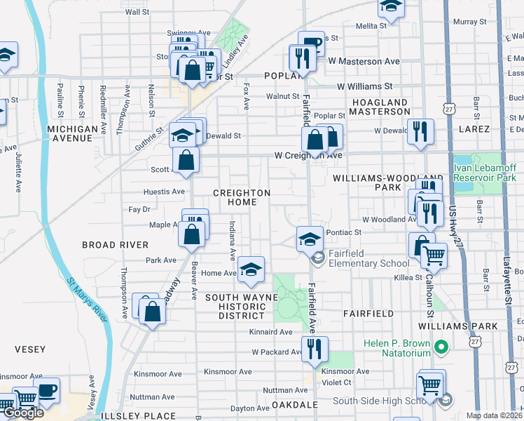 map of restaurants, bars, coffee shops, grocery stores, and more near 2535 South Wayne Avenue in Fort Wayne