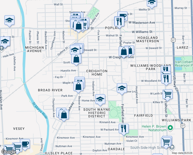 map of restaurants, bars, coffee shops, grocery stores, and more near 2614 Fox Avenue in Fort Wayne