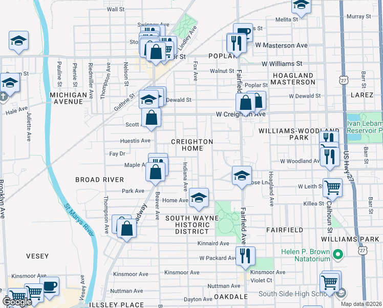 map of restaurants, bars, coffee shops, grocery stores, and more near 2614 Fox Avenue in Fort Wayne