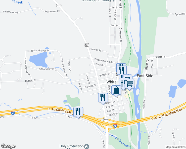 map of restaurants, bars, coffee shops, grocery stores, and more near 521 Buffalo Street in White Haven