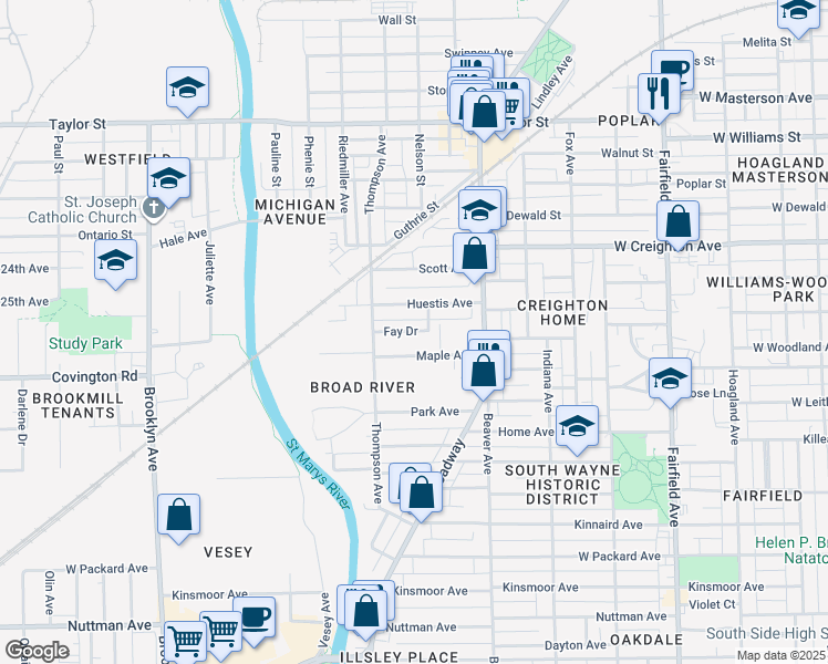 map of restaurants, bars, coffee shops, grocery stores, and more near 1315 Fay Drive in Fort Wayne