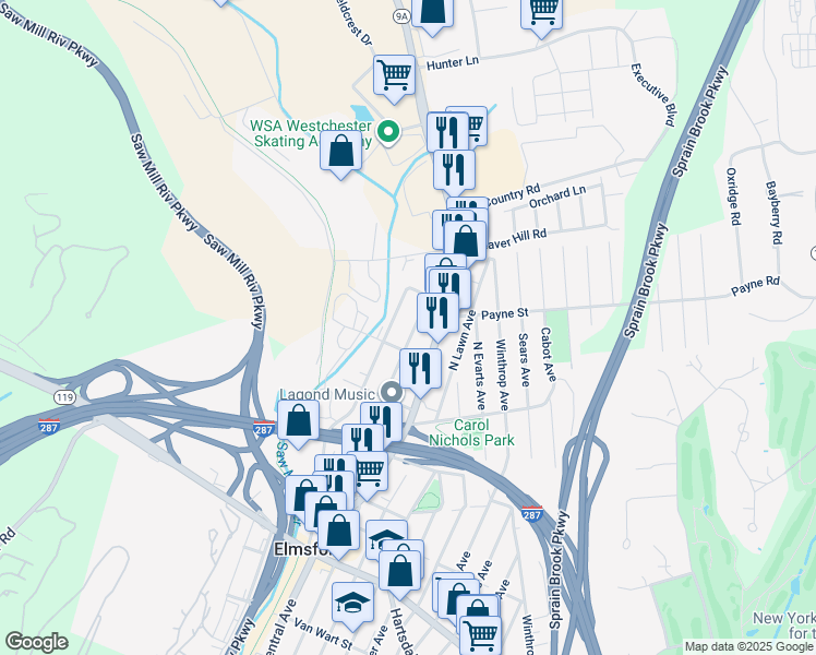 map of restaurants, bars, coffee shops, grocery stores, and more near 79 Nepperhan Avenue in Elmsford