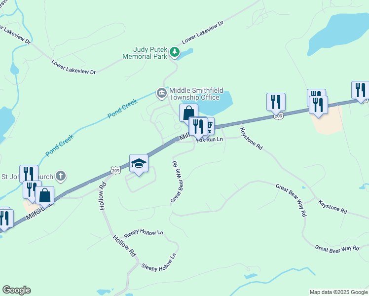 map of restaurants, bars, coffee shops, grocery stores, and more near Foxmoor Drive in East Stroudsburg