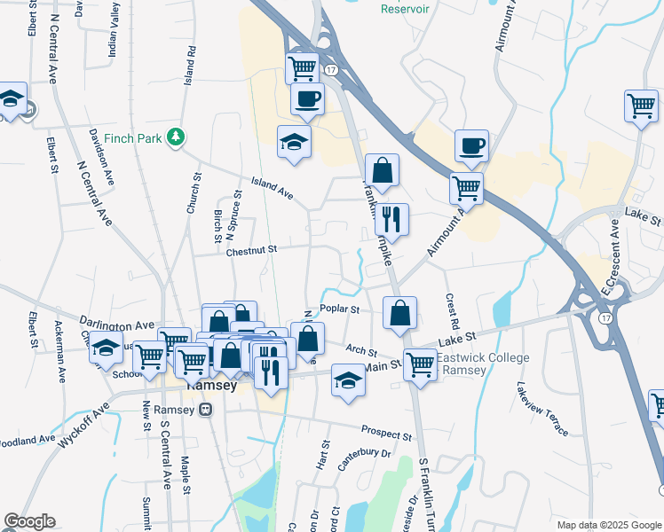 map of restaurants, bars, coffee shops, grocery stores, and more near 708 Washington Drive in Ramsey