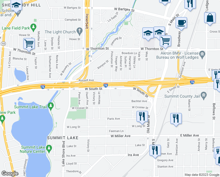 map of restaurants, bars, coffee shops, grocery stores, and more near W South St & Princeton St in Akron