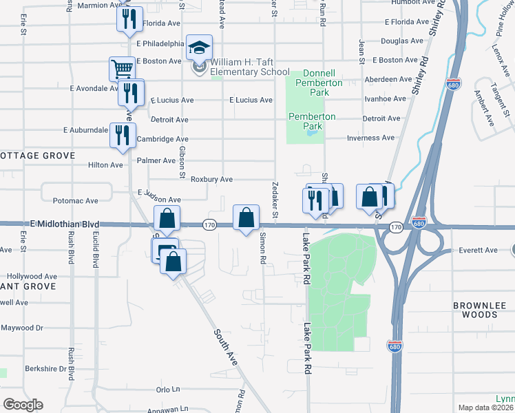 map of restaurants, bars, coffee shops, grocery stores, and more near 876 East Midlothian Boulevard in Boardman