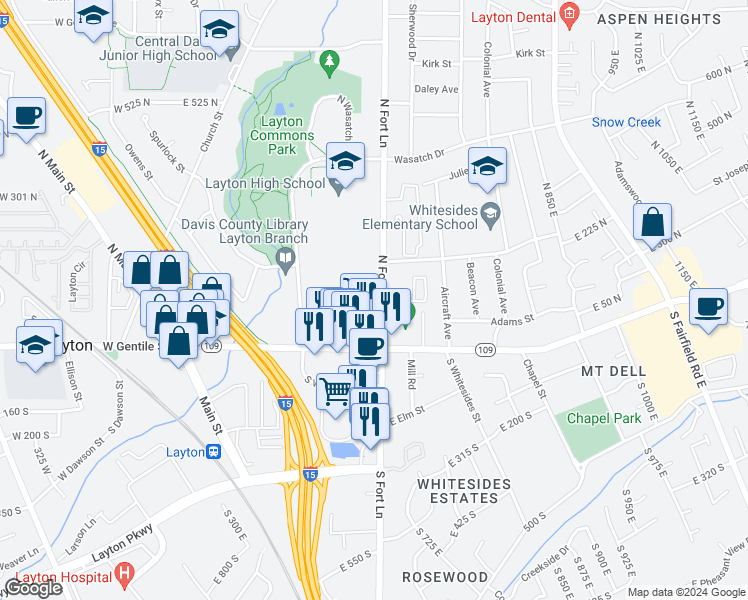 map of restaurants, bars, coffee shops, grocery stores, and more near 53 North Fort Lane in Layton