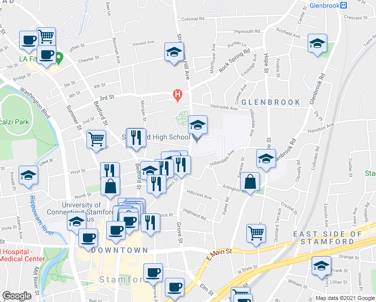 map of restaurants, bars, coffee shops, grocery stores, and more near 27 Strawberry Hill Avenue in Stamford
