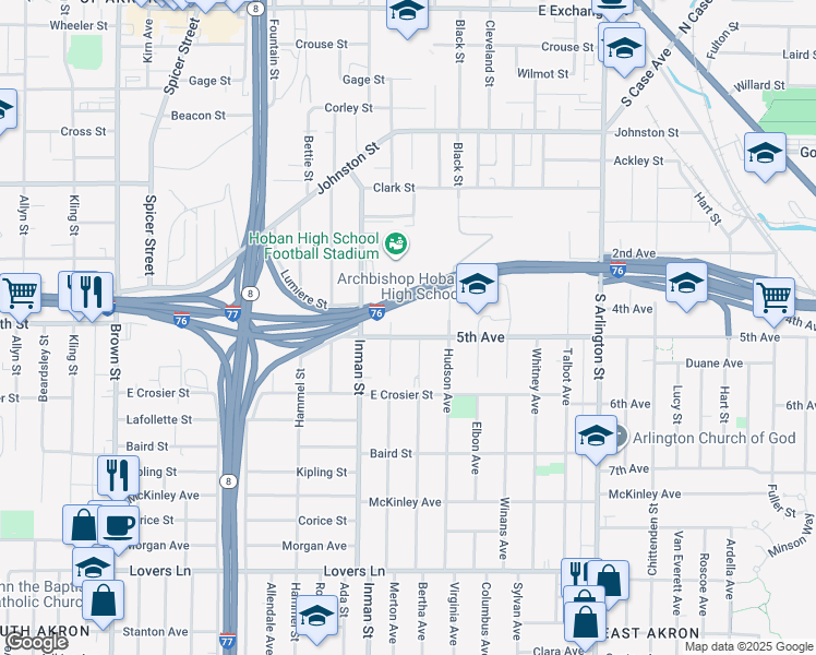 map of restaurants, bars, coffee shops, grocery stores, and more near 572 Bertha Avenue in Akron