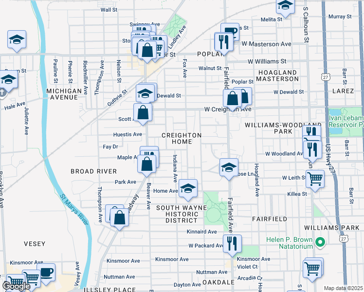 map of restaurants, bars, coffee shops, grocery stores, and more near 2614 Fox Avenue in Fort Wayne