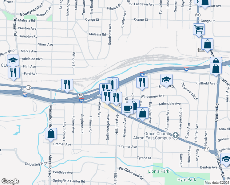 map of restaurants, bars, coffee shops, grocery stores, and more near 49 Verdun Drive in Akron