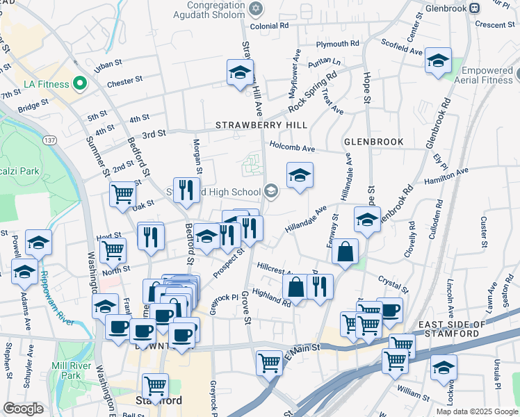 map of restaurants, bars, coffee shops, grocery stores, and more near 27 Strawberry Hill Avenue in Stamford