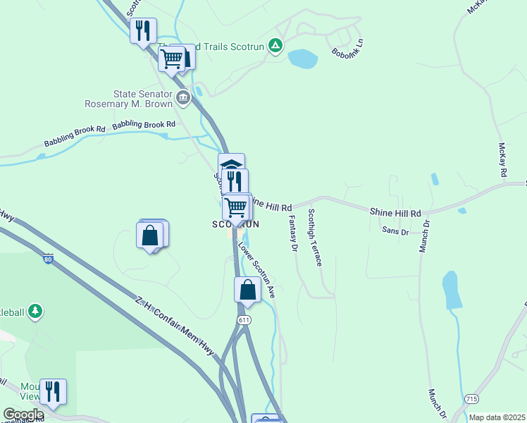 map of restaurants, bars, coffee shops, grocery stores, and more near 120 Shine Hill Road in Henryville