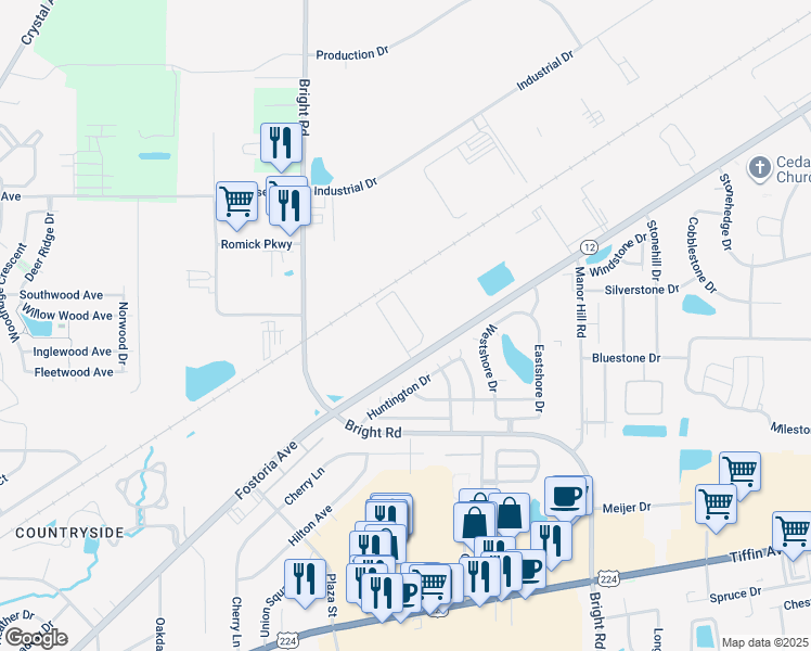 map of restaurants, bars, coffee shops, grocery stores, and more near 1900 Soldier Drive in Findlay