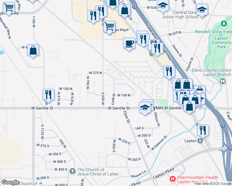 map of restaurants, bars, coffee shops, grocery stores, and more near 112 Cook Drive in Layton
