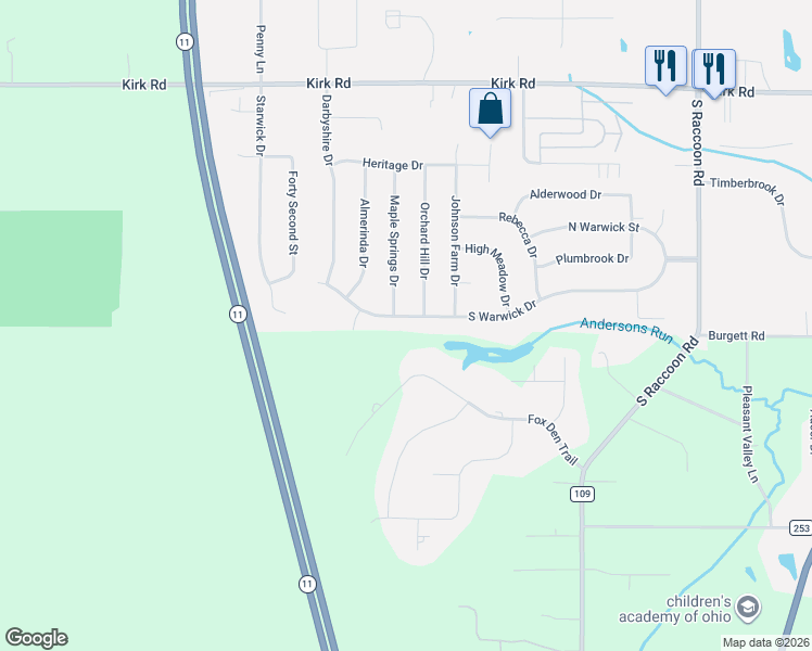 map of restaurants, bars, coffee shops, grocery stores, and more near 3696 Orchard Hill Drive in Canfield