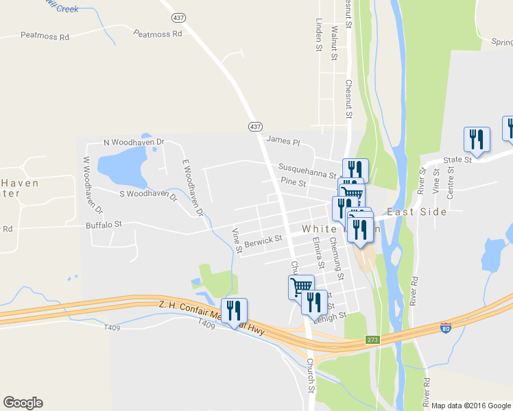 map of restaurants, bars, coffee shops, grocery stores, and more near Barry's Lane in White Haven
