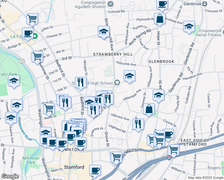 map of restaurants, bars, coffee shops, grocery stores, and more near 44 Strawberry Hill Avenue in Stamford