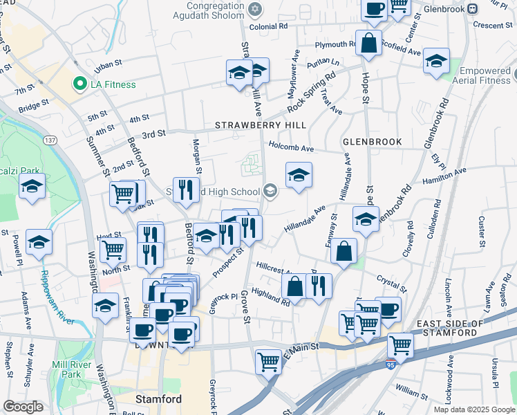 map of restaurants, bars, coffee shops, grocery stores, and more near 44 Strawberry Hill Avenue in Stamford