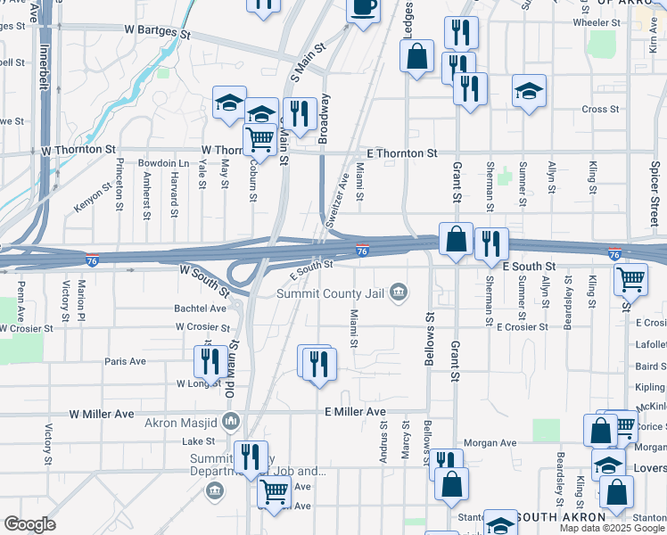 map of restaurants, bars, coffee shops, grocery stores, and more near in Akron