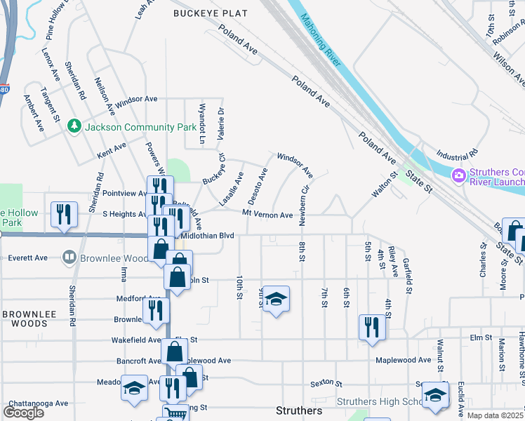 map of restaurants, bars, coffee shops, grocery stores, and more near 2522 Mount Vernon Avenue in Youngstown