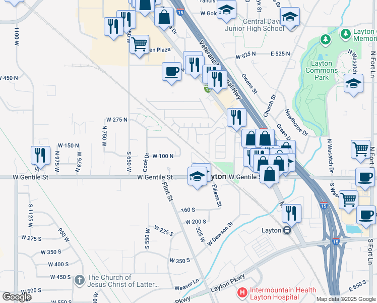 map of restaurants, bars, coffee shops, grocery stores, and more near 130 North 450 West in Layton