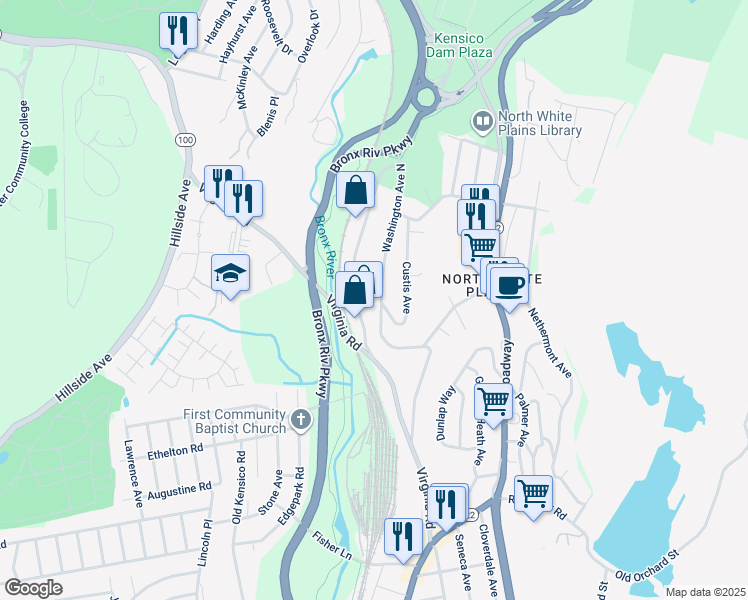 map of restaurants, bars, coffee shops, grocery stores, and more near 99 Washington Avenue North in White Plains