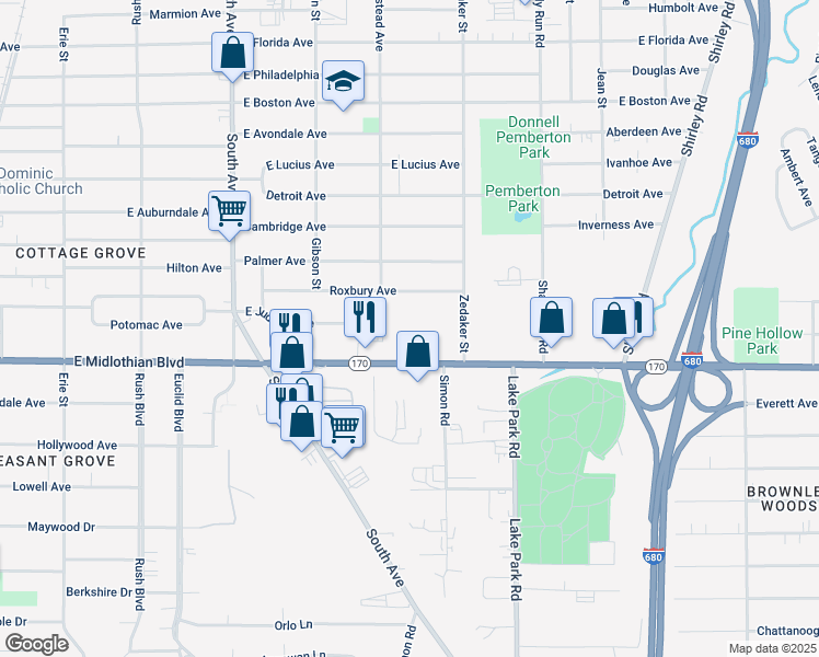map of restaurants, bars, coffee shops, grocery stores, and more near 849 Roxbury Avenue in Youngstown