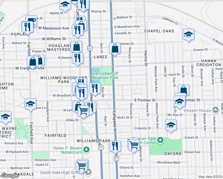 map of restaurants, bars, coffee shops, grocery stores, and more near 301-355 E Suttenfield St in Fort Wayne
