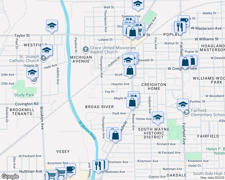 map of restaurants, bars, coffee shops, grocery stores, and more near 1318 Huestis Avenue in Fort Wayne
