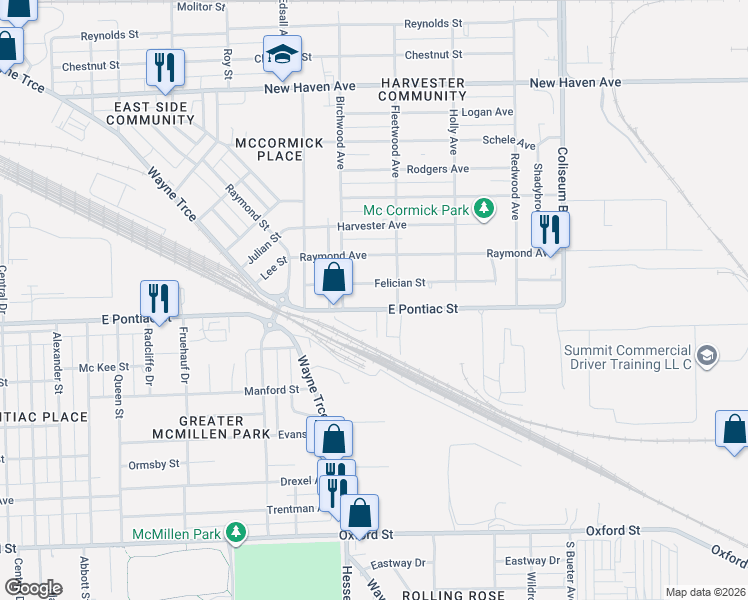 map of restaurants, bars, coffee shops, grocery stores, and more near 3323 Felician Street in Fort Wayne