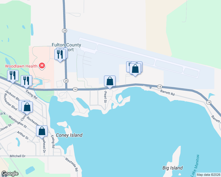 map of restaurants, bars, coffee shops, grocery stores, and more near 2111 Indiana 14 in Rochester