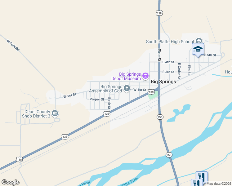 map of restaurants, bars, coffee shops, grocery stores, and more near 554-598 West 1st Street in Big Springs