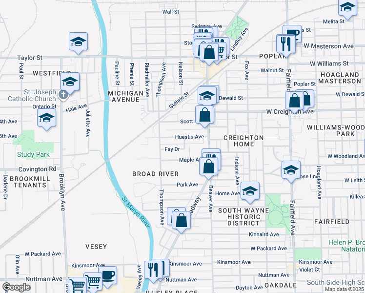 map of restaurants, bars, coffee shops, grocery stores, and more near 1304 Fay Drive in Fort Wayne