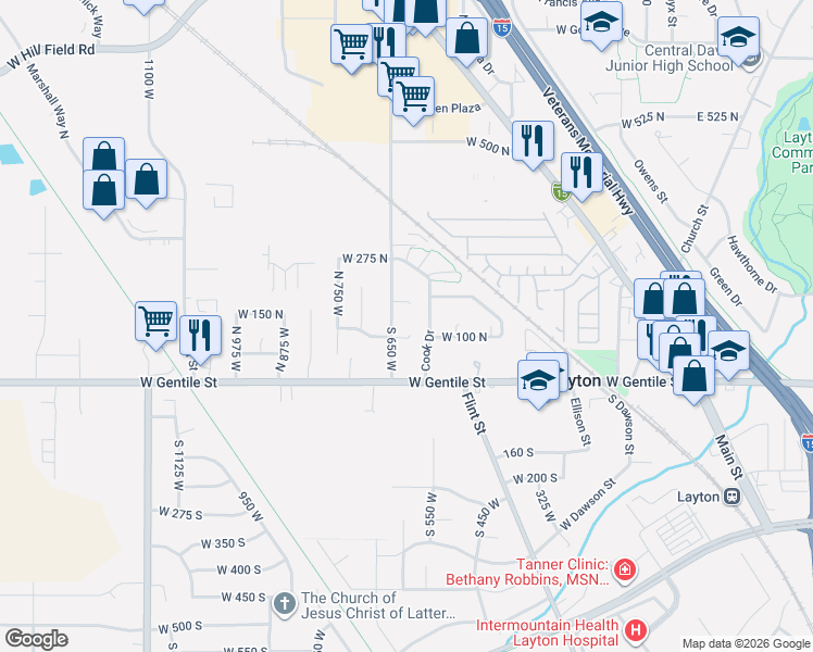 map of restaurants, bars, coffee shops, grocery stores, and more near 630 West 100 North in Layton