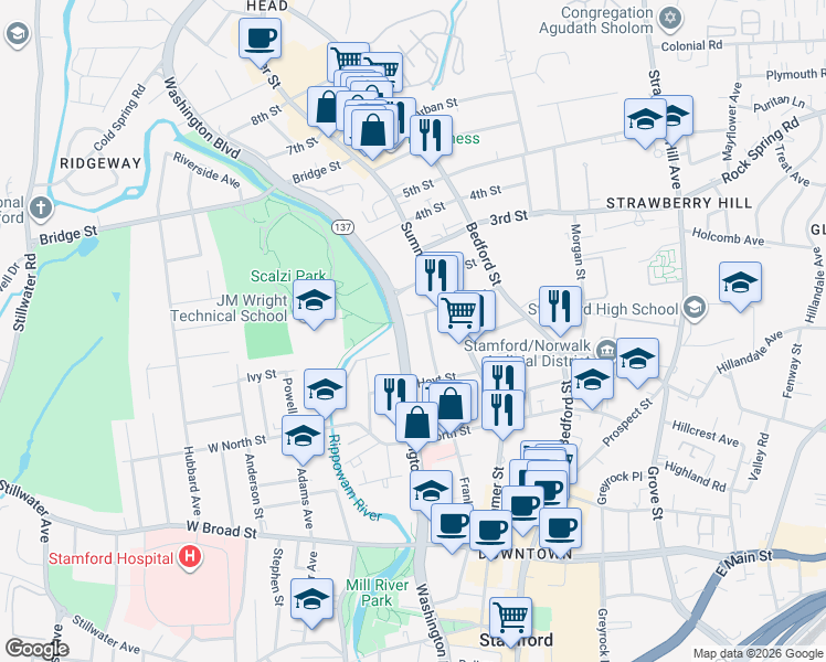 map of restaurants, bars, coffee shops, grocery stores, and more near 38 Woodside Street in Stamford